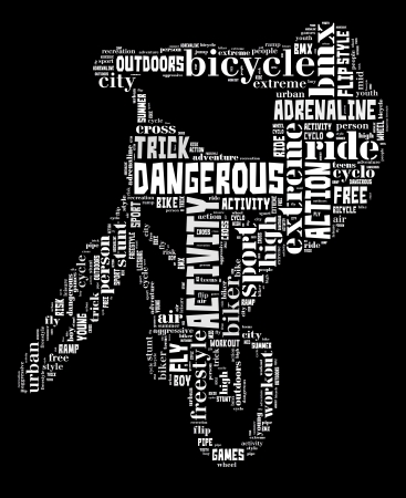BMX info-text graphic and arrangement composed in BMX cyclist shape concept on black backgroundの写真素材