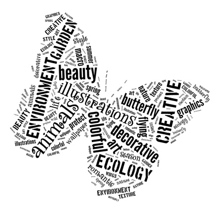 Text graphic and arrangement concept in butterfly shape on white background  word cloud の写真素材