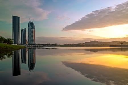 Sunrise view of modern building in Putrajaya, Malaysia by the lakesideのeditorial素材