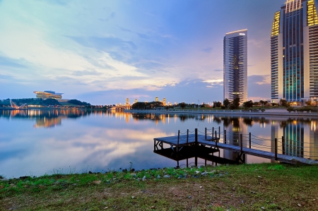 Landscape view of modern building by the lakeside in Putrajaya, Malaysia during sunsetのeditorial素材