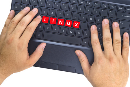 Hands on laptop with "LINUX" word on keyboard buttons against white background.の写真素材