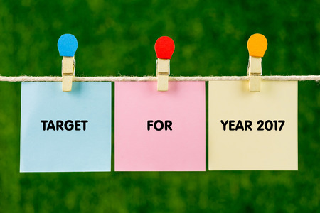 Sticky color papers with word TARGET FOR YEAR 2017 hanging against green background.の写真素材