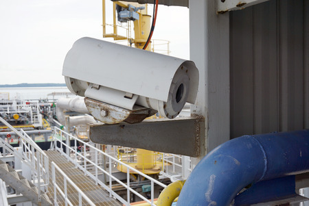 Close up shot of an explosion proof security camera at a jettyの写真素材