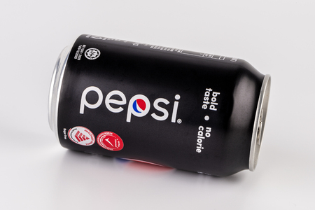 PETALING JAYA,MALAYSIA - NOVEMBER 9,2018 : A can of Pepsi Black soft drink on white background.Pepsi Black with zero calorie is sold in Thailand, Malaysia and Singapore markets.のeditorial素材
