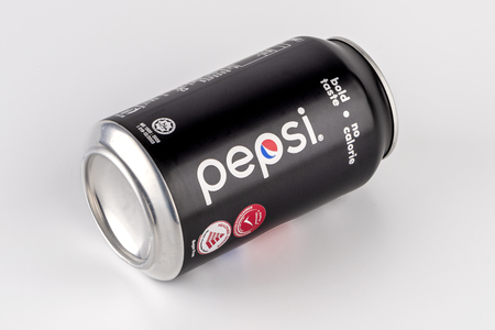 PETALING JAYA,MALAYSIA - NOVEMBER 9,2018 : A can of Pepsi Black soft drink on white background.Pepsi Black with zero calorie is sold in Thailand, Malaysia and Singapore markets.のeditorial素材