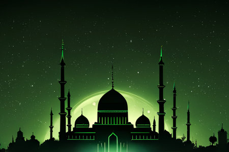 Illustration of Islamic theme design for Ramadhan and Eid Fitri celebration as banner background created with Generative AI technology.の素材
