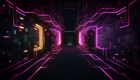 Futuristic dark corridor with glowing neon lights, 3d renderingの素材