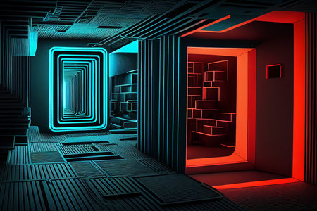 Futuristic corridor with glowing door. 3d render illustration.の素材