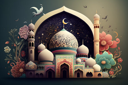 Illustration of Islamic theme design with floral motives for Ramadhan and Eid Fitri celebration as banner background created with Generative AI technologyの素材