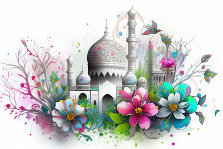 Illustration of Islamic theme design with floral motives for Ramadhan and Eid Fitri celebration as banner background created with Generative AI technologyの素材