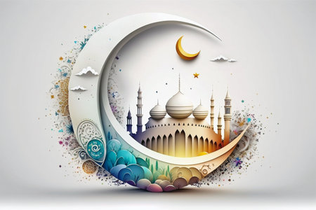 Illustration of Islamic theme design with floral motives for Ramadhan and Eid Fitri celebration as banner background created with Generative AI technologyの素材