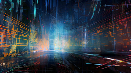 Digital abstract background of cyber matrix world created with Generative AI technologyの素材