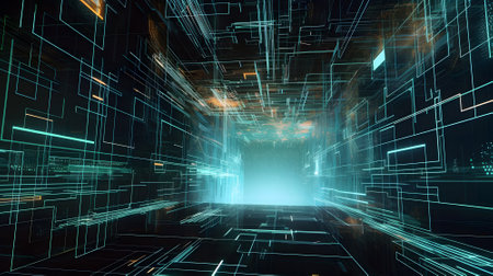 Digital abstract background of cyber matrix world created with Generative AI technologyの素材