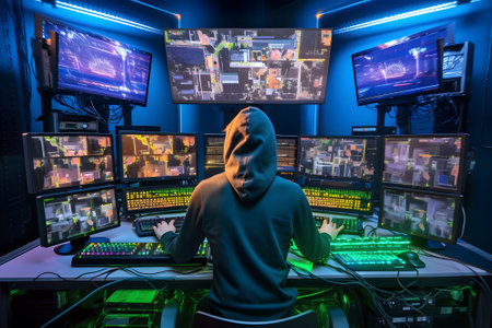 Silhouette of hacker in dark room with computer. Mixed mediaの素材