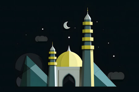Ramadan Kareem background with mosque and moon. Vector illustration.の素材
