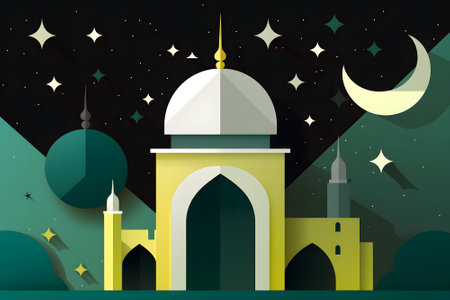 Mosque on the background of the night sky. Paper art style. Vector illustration.の素材