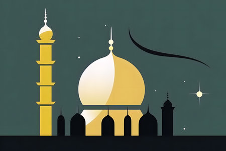 Ramadan Kareem greeting card with mosque silhouette. Vector illustration.の素材