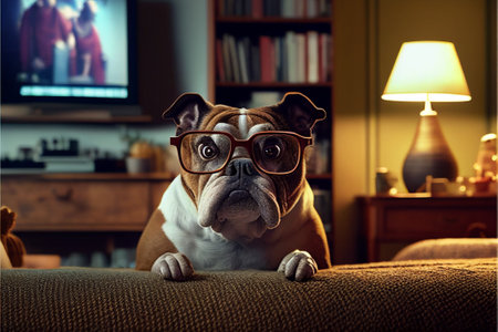 English bulldog with glasses and a TV in the living room at homeの素材