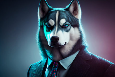 Portrait of a siberian husky in a business suit.の素材