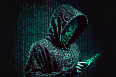 Image of hacker in hood against binary code background. Hacking conceptの素材