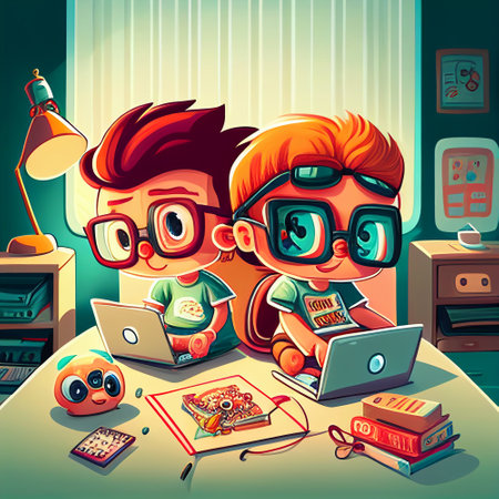 Cute boy and girl studying at home. Vector cartoon illustration.の素材