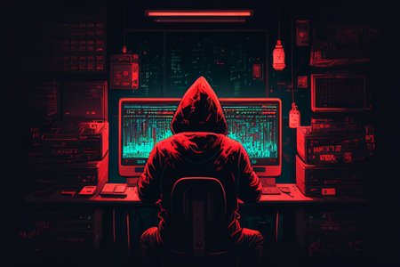 A hacker in a hoodie is sitting in front of a computer monitor. The concept of cybercrime.の素材