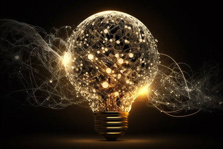 Glowing light bulb on dark background with circuit lines.の素材