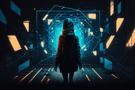 Back view of hacker in hoodie standing in abstract city with glowing neon lights conceptの素材