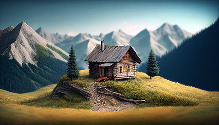 Wooden cottage in the mountains. Vintage style.の素材