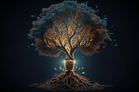 Tree with roots isolated on black background, digital illustration.の素材