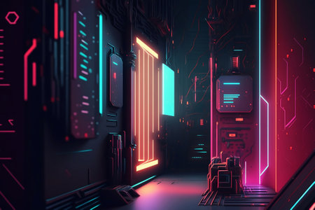 Futuristic dark corridor with neon lights.の素材