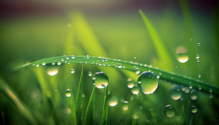 Fresh green grass with dew drops close up. Nature background.の素材