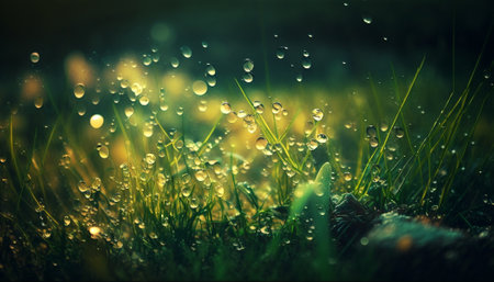 Fresh green grass with dew drops close up. Nature background.の素材