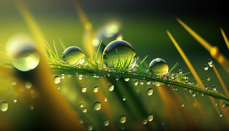 Fresh green grass with dew drops close up. Nature background.の素材