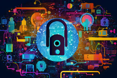 Cyber security concept background with padlock. Vector illustration.の素材