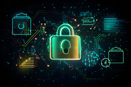Cyber security concept with glowing padlock and icons on dark backgroundの素材