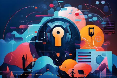 Keyhole in the form of a keyhole in the background of the city. The concept of information security. Vector illustrationの素材