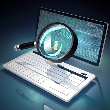 Laptop and magnifying glass on blue background. Vector illustration.の素材