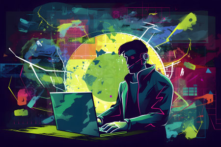 Illustration of a man working on a laptop in front of a colorful backgroundの素材