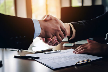 Business people shaking hands, finishing up a meeting. Business handshake concept.の素材