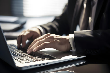 Close up of businessman hands typing on laptop keyboard in office. Business concept.の素材