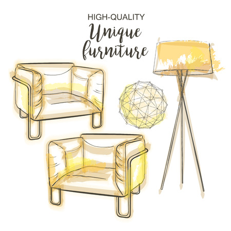 furniture set sketch Floor lamp chair polygonal sphereのイラスト素材