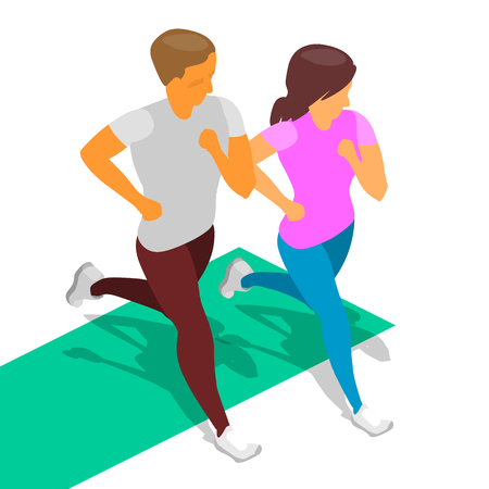 running boy girl isometric flat jogging fitnessのイラスト素材