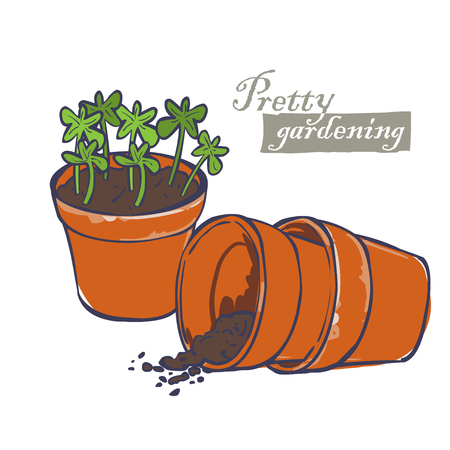 flowerpots for plants with soil and plants , ceramic planterのイラスト素材