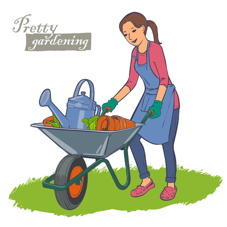 Young woman in apron carrying a wheelbarrow with garden watering can, ceramic flowerpots. Garden work.のイラスト素材