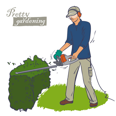wearing a protection overall. A man trimming a bush Cutting a hedgeのイラスト素材