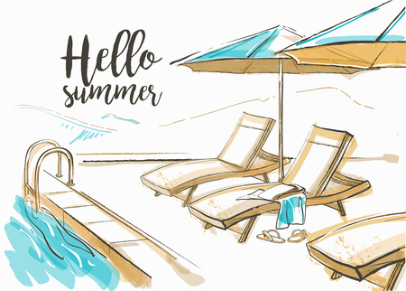 Swimming pool of luxury hotel with umbrellas and chairs. Summer dayのイラスト素材