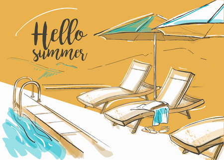 Swimming pool of luxury hotel with umbrellas and chairs. Summer dayのイラスト素材