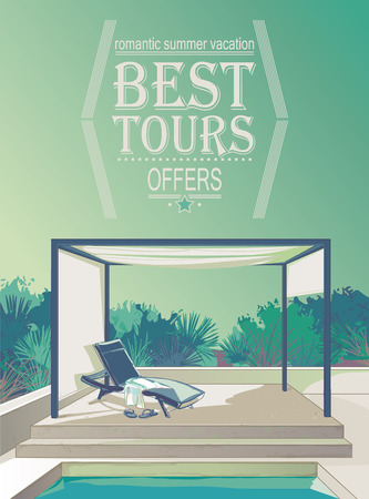 Pergola with white curtains deckchair by the pool on the background of the tropicsのイラスト素材