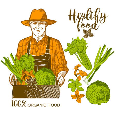 Portrait of a mature farmer carrying a wooden crate full of fresh vegetables and herbsのイラスト素材